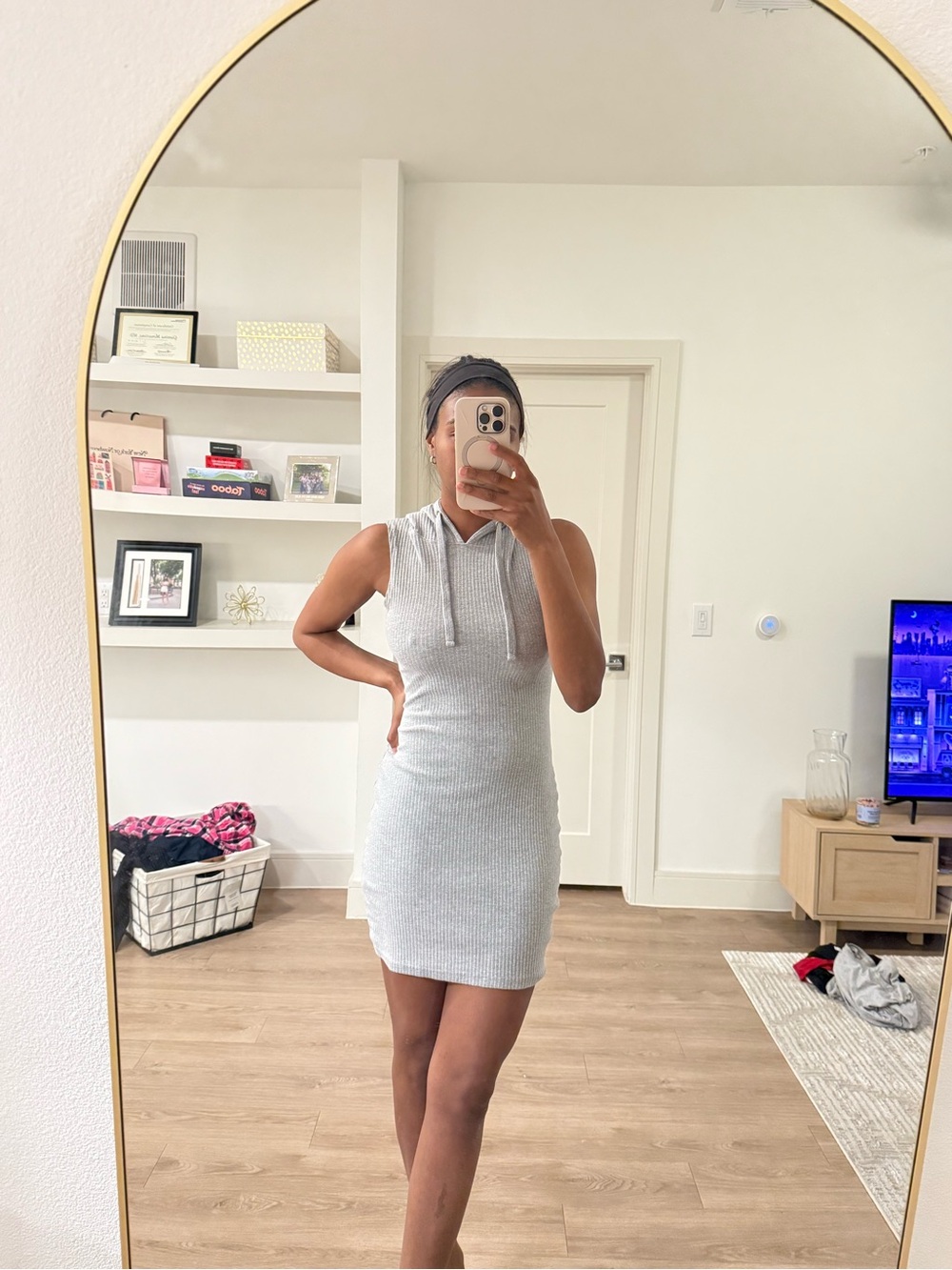 Missguided Sleeveless Hooded Ribbed Dress in Heather Gray